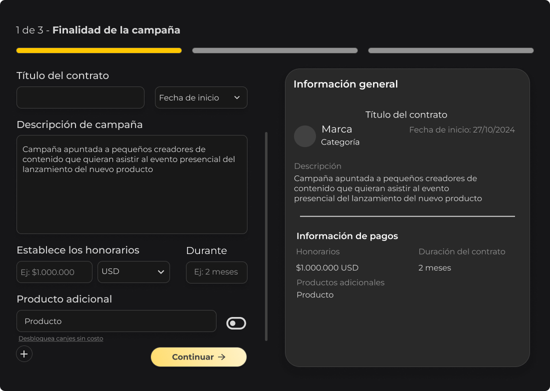 Editor de contrato con resumen y validaciones
