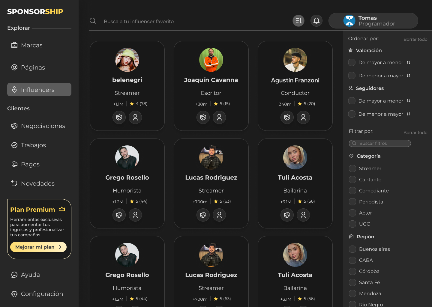 Explorar influencers con filtros avanzados