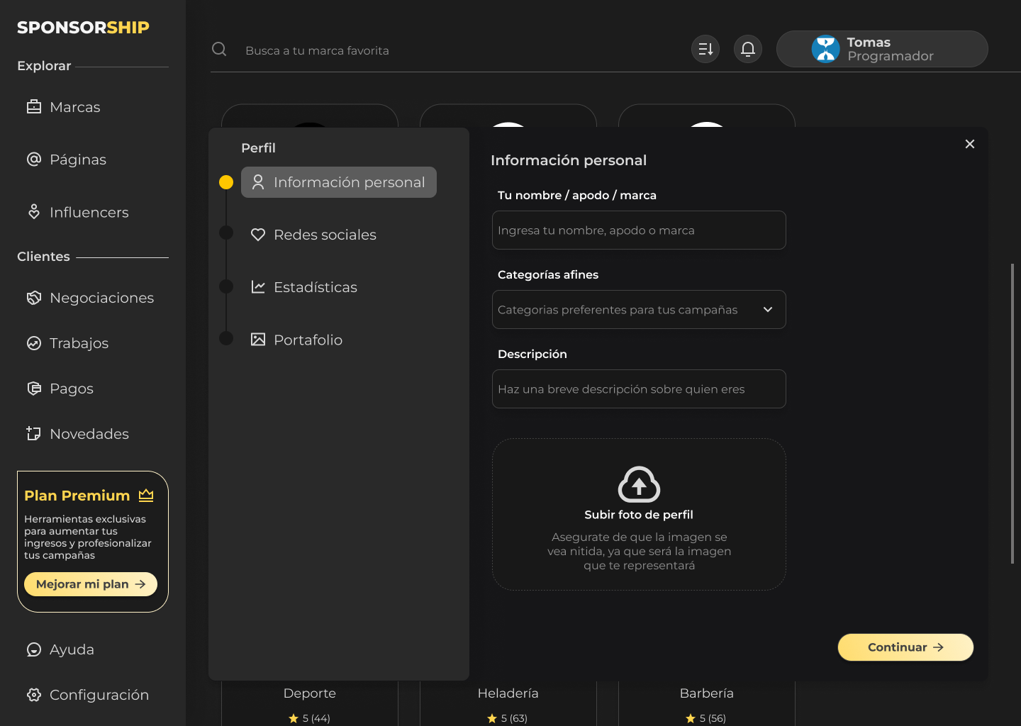 Onboarding y creación de perfil